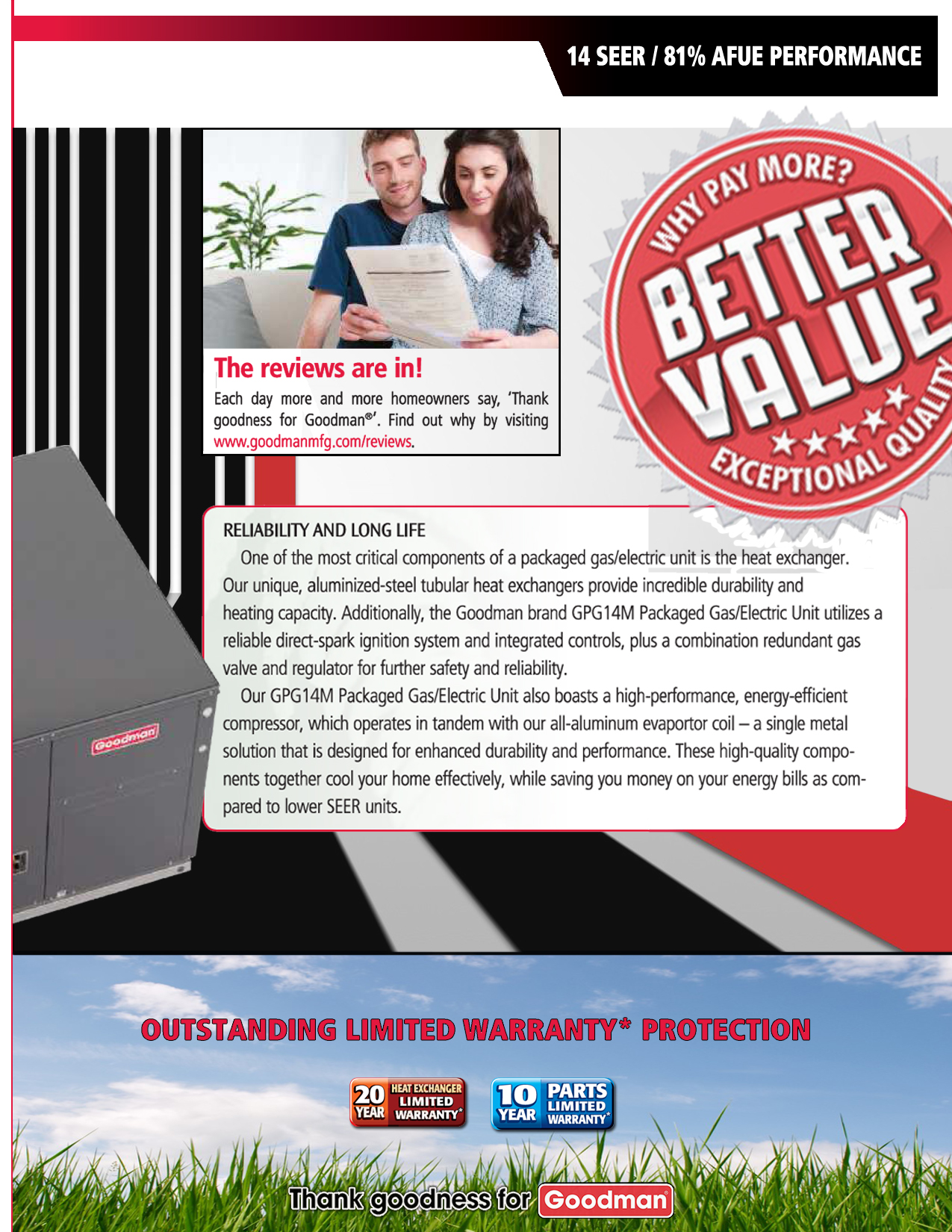 4 Ton Goodman 14 SEER 80K BTU Gas Package Unit GPG1448080M41 (F) (5838)